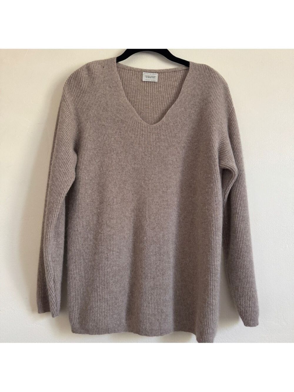 Vintage United Colors of Benetton Taupe V-Neck Sweater, Wool + Angora, Small